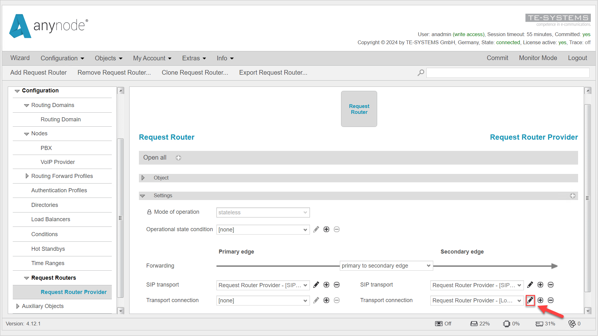 Screenshot: anynode – The Software SBC frontend with request router primary edge and secondary edge settings overview.