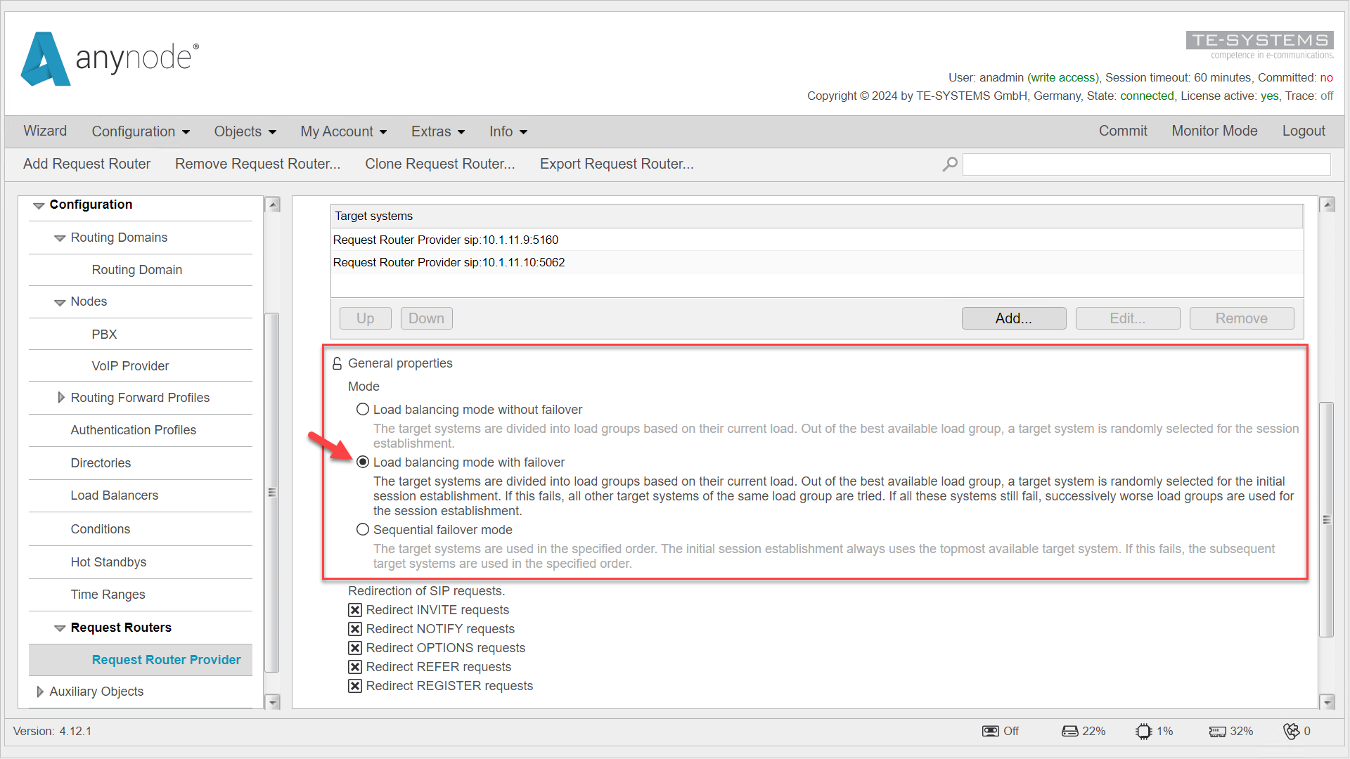 Screenshot: anynode – The Software SBC frontend showing request router targets and general properties for failover.