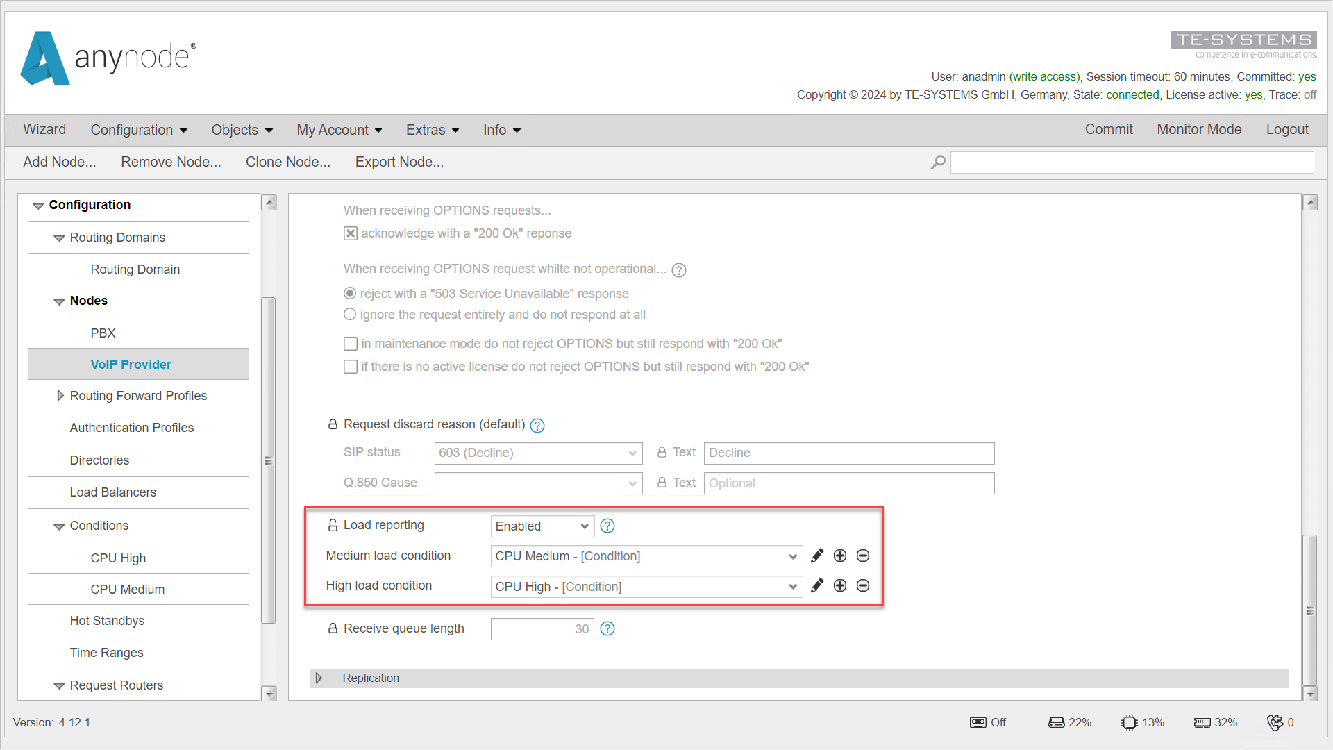 Screenshot: anynode – The Software SBC frontend showing SIP transport object with load reporting settings.