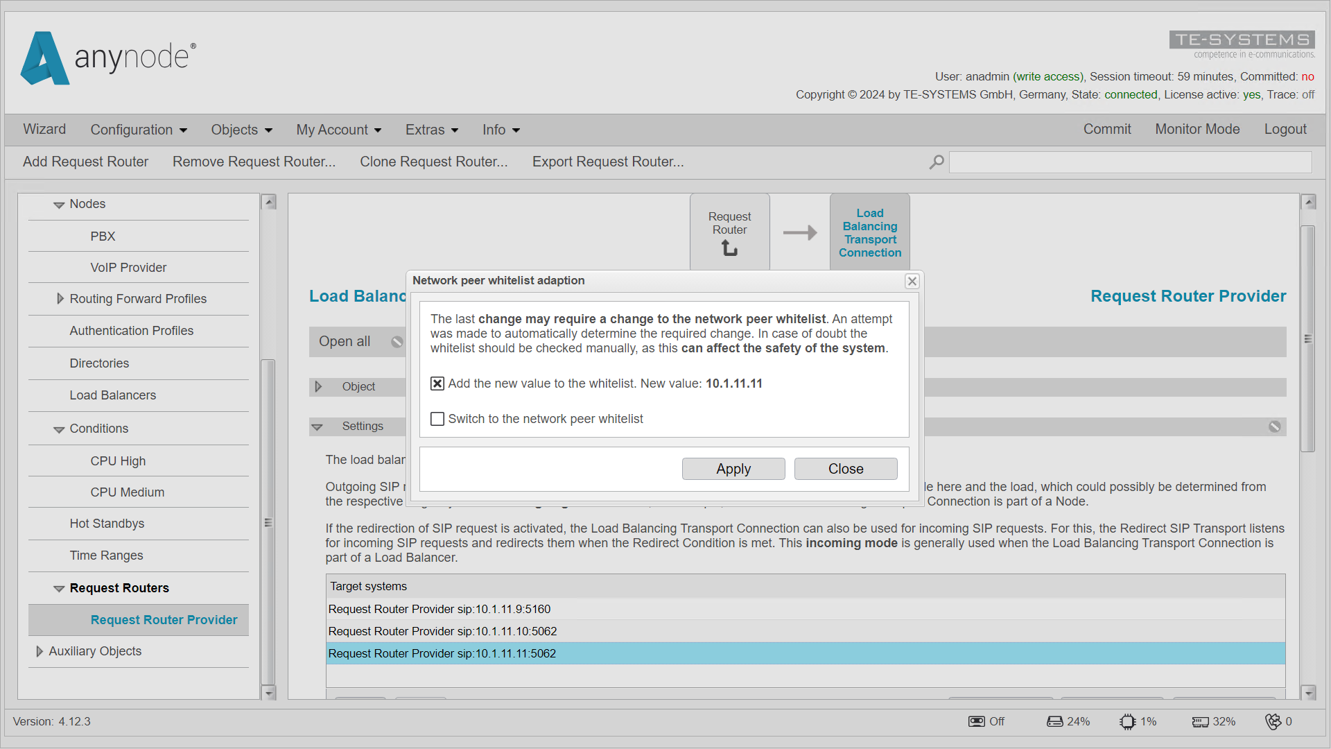 Screenshot: anynode – The Software SBC frontend showing the 'Add Target' function in the load balancing transport connection of the request router, with a third target added.