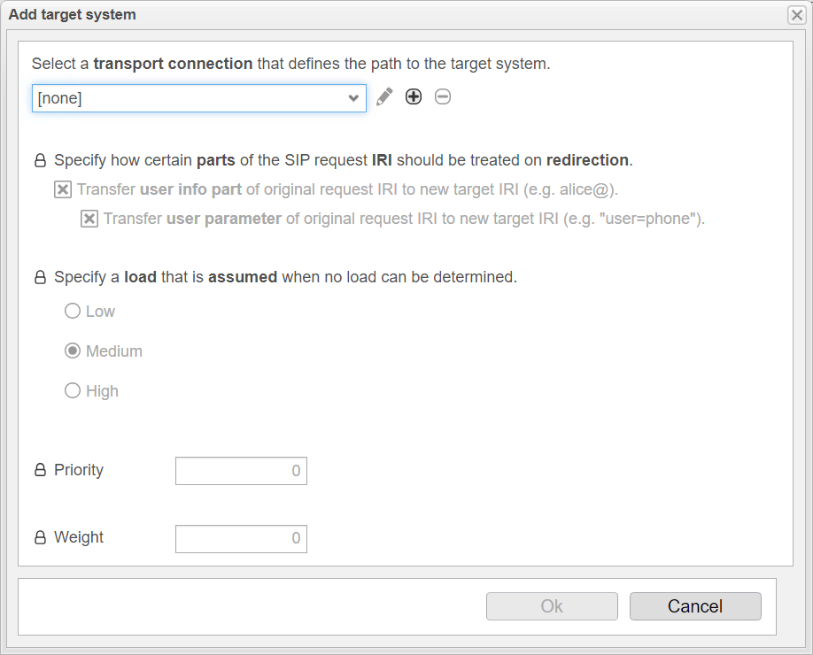 Screenshot: anynode – The Software SBC frontend with add target function in the load balancing transport connection of the request router.