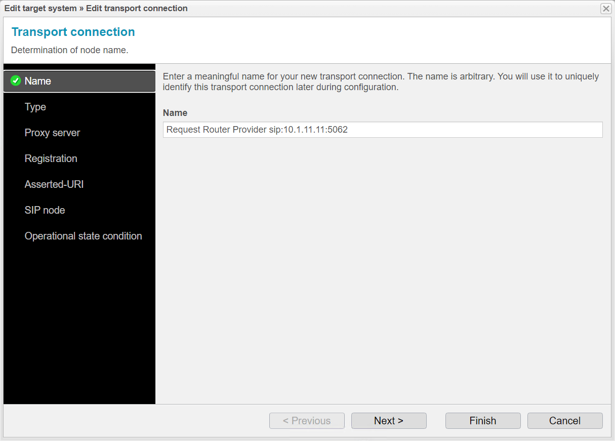 Screenshot: anynode – The Software SBC frontend with add target function in the load balancing transport connection of the request router and name settings.