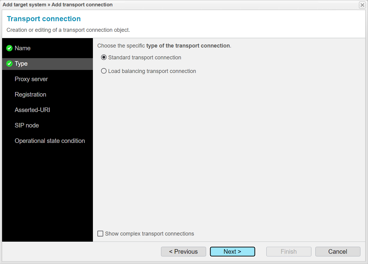 Screenshot: anynode – The Software SBC frontend with add target function in the load balancing transport connection of the request router and type settings.