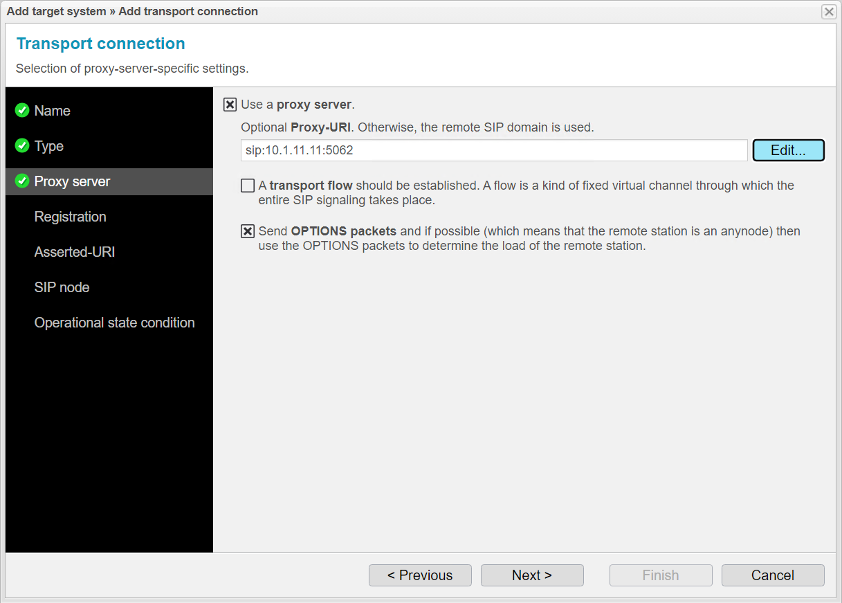 Screenshot: anynode – The Software SBC frontend with add target function in the load balancing transport connection of the request router and proxy server settings.