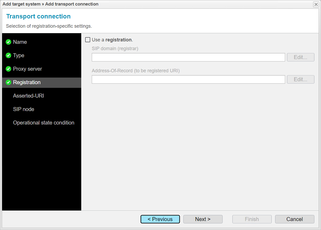 Screenshot: anynode – The Software SBC frontend with add target function in the load balancing transport connection of the request router and registration settings.