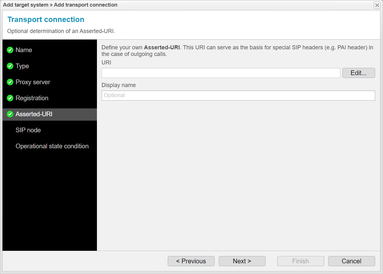 Screenshot: anynode – The Software SBC frontend with add target function in the load balancing transport connection of the SIP proxy load balancer and Asserted-URI settings.