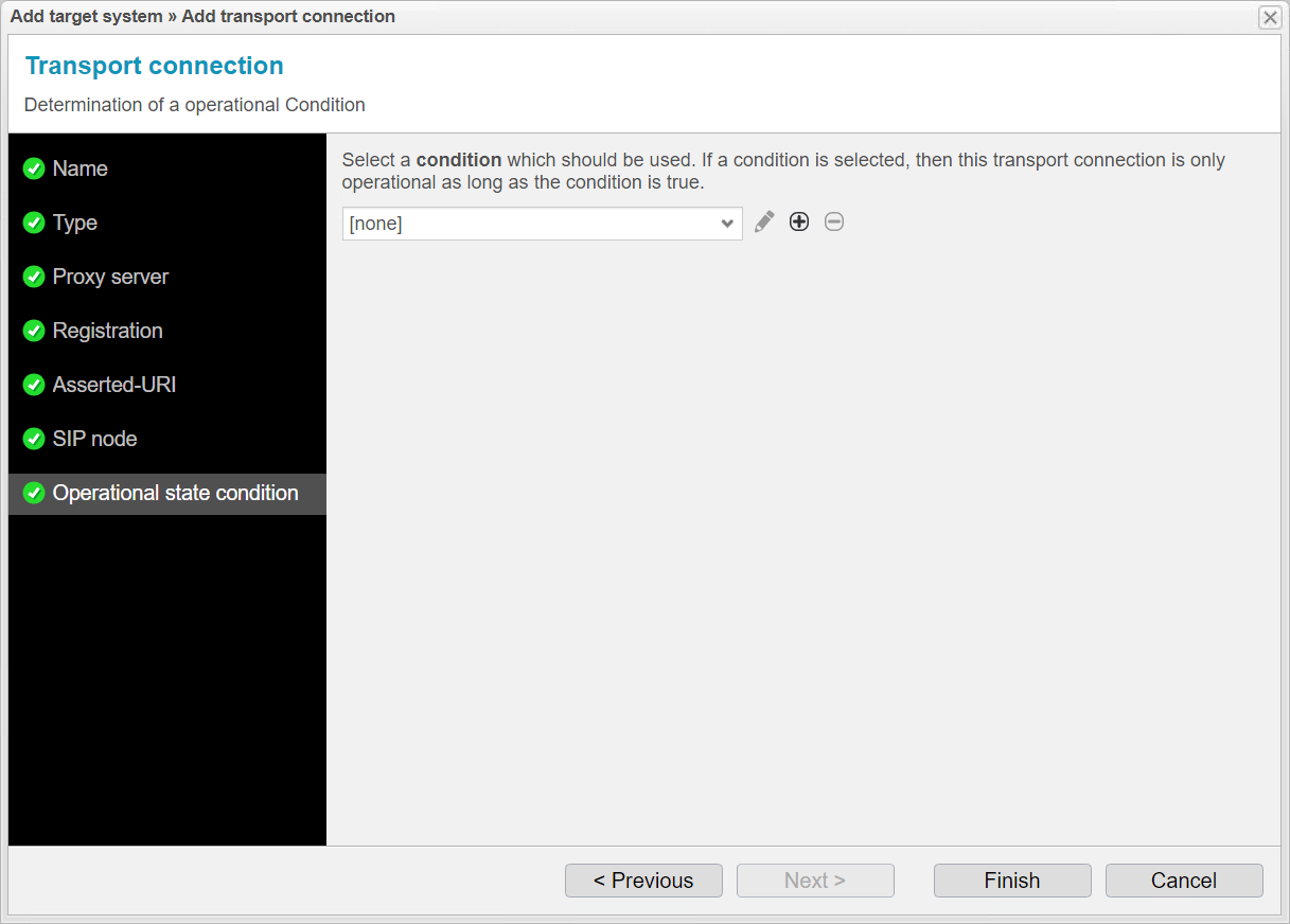 Screenshot: anynode – The Software SBC frontend with add target function in the load balancing transport connection of the request router and operational state condition settings.