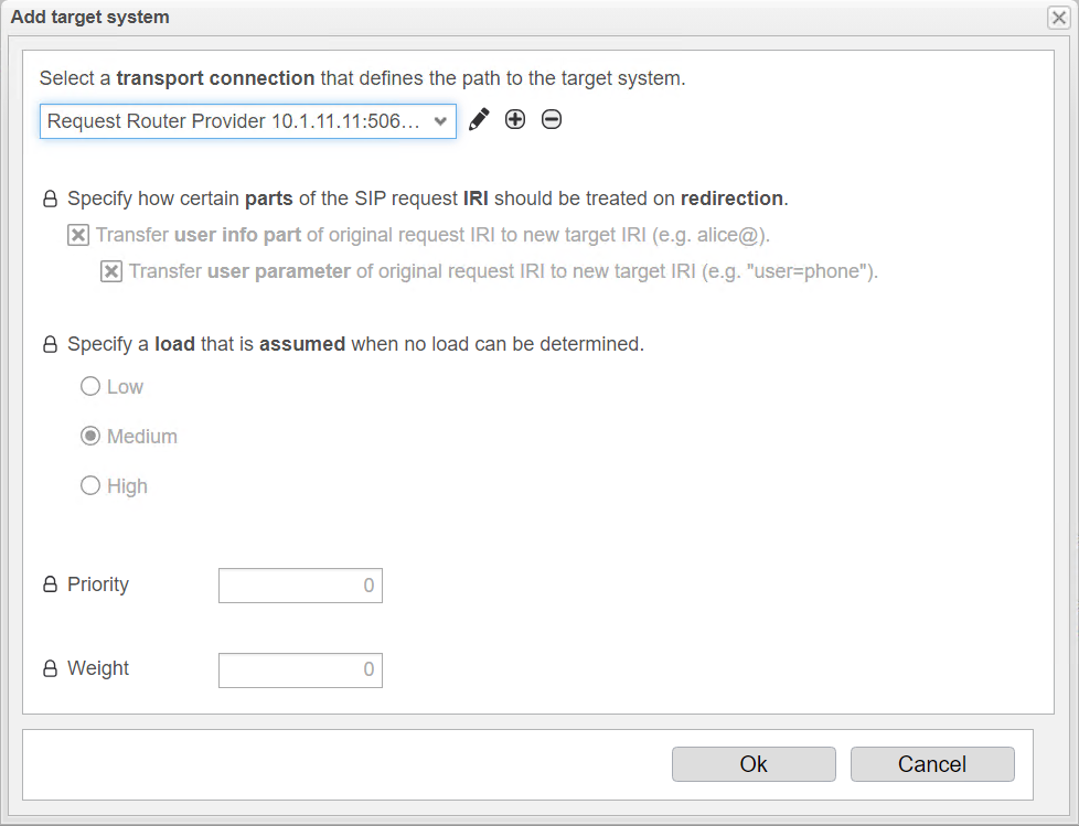 Screenshot: anynode – The Software SBC frontend with add target function in the request router transport connection of the SIP proxy load balancer and further target system options.