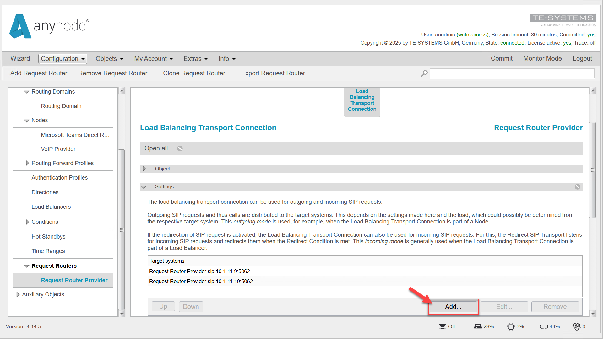 Screenshot: anynode – The Software SBC frontend with load balancing connection and target systems overview.