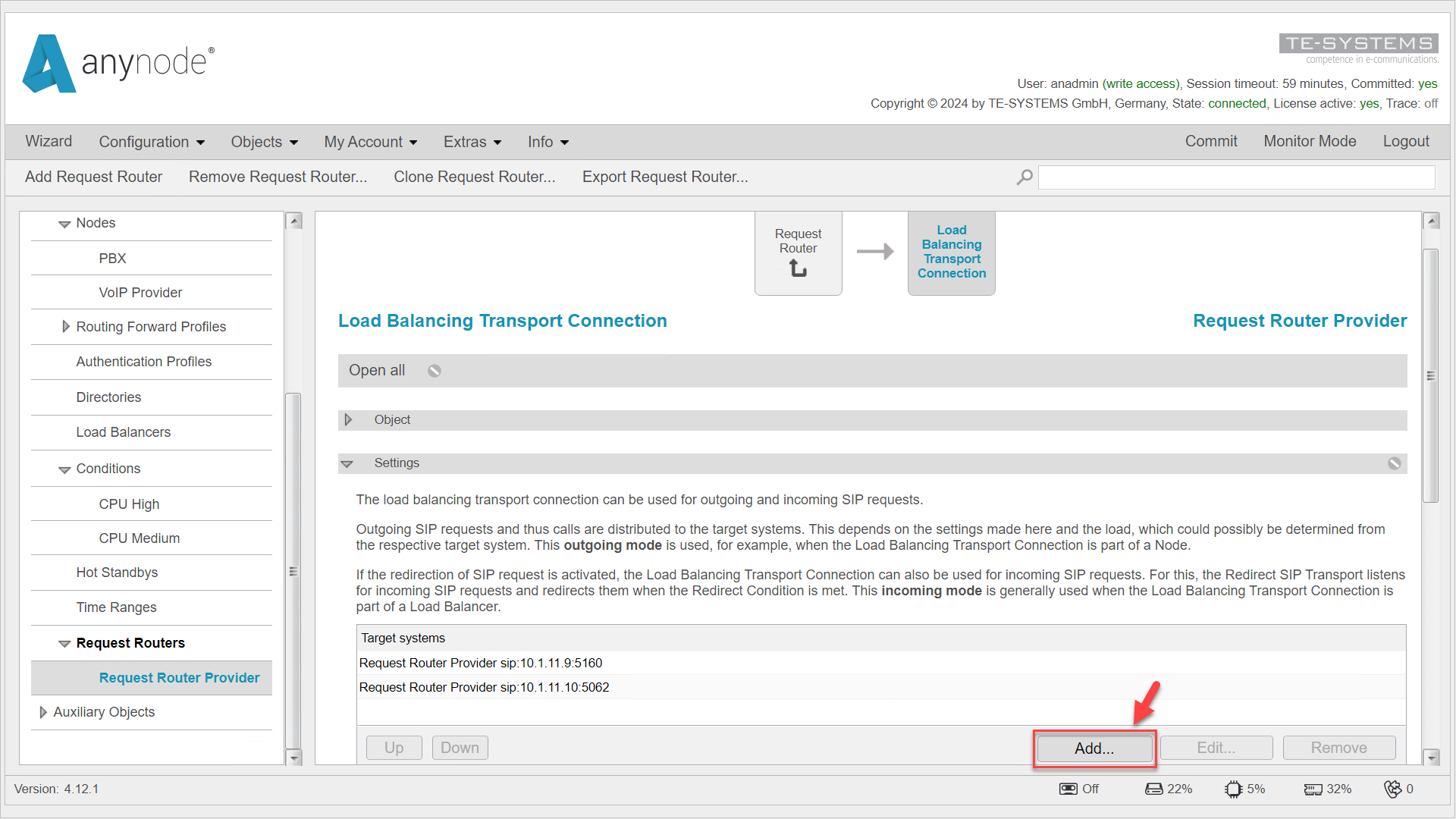 Screenshot: anynode – The Software SBC frontend with load balancing connection and target systems overview.