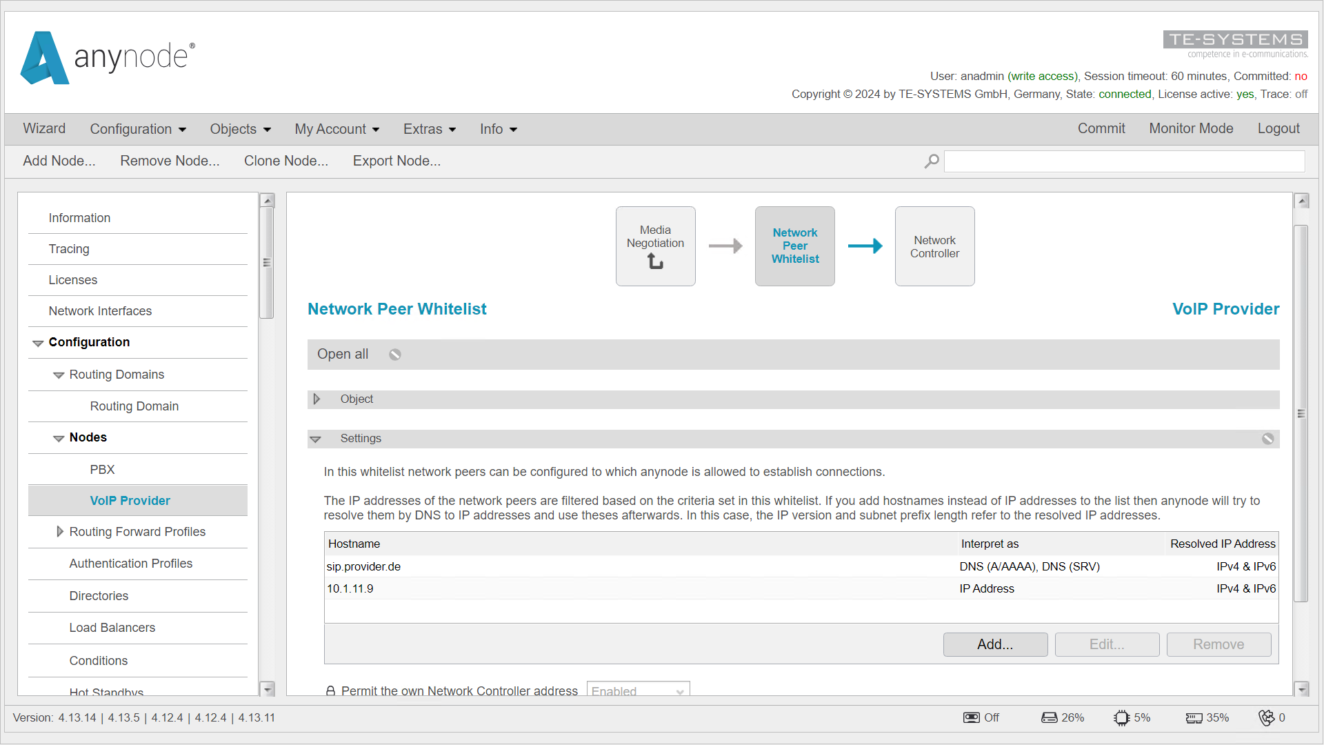 Screenshot:  anynode – The Software SBC frontend with network peer whitelist and added IP address.