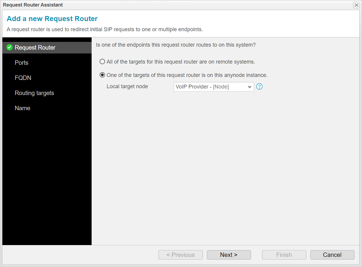 Screenshot:  anynode – The Software SBC frontend with request router assistant and target settings.