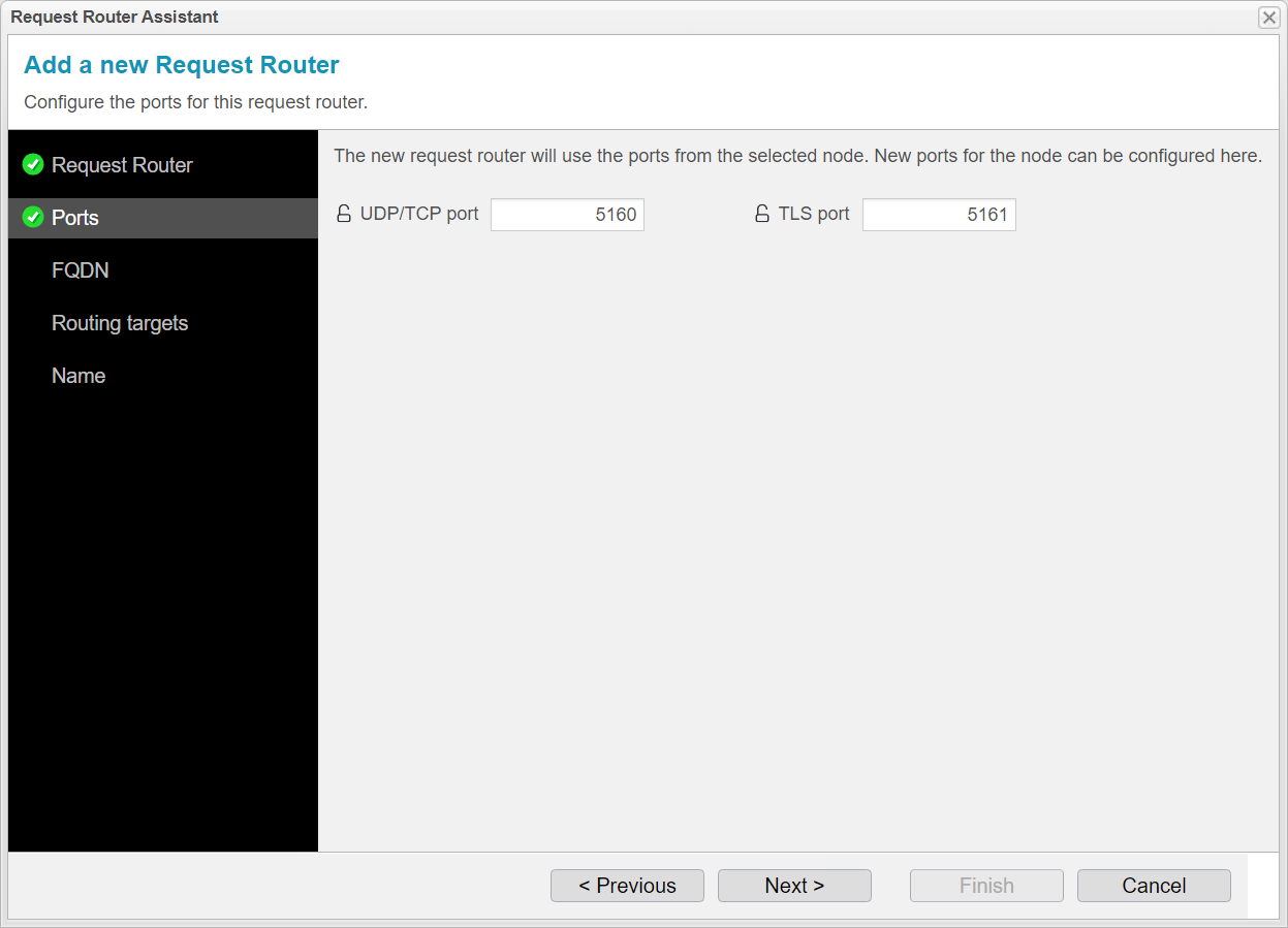 Screenshot:  anynode – The Software SBC frontend with request router assistant and port settings.