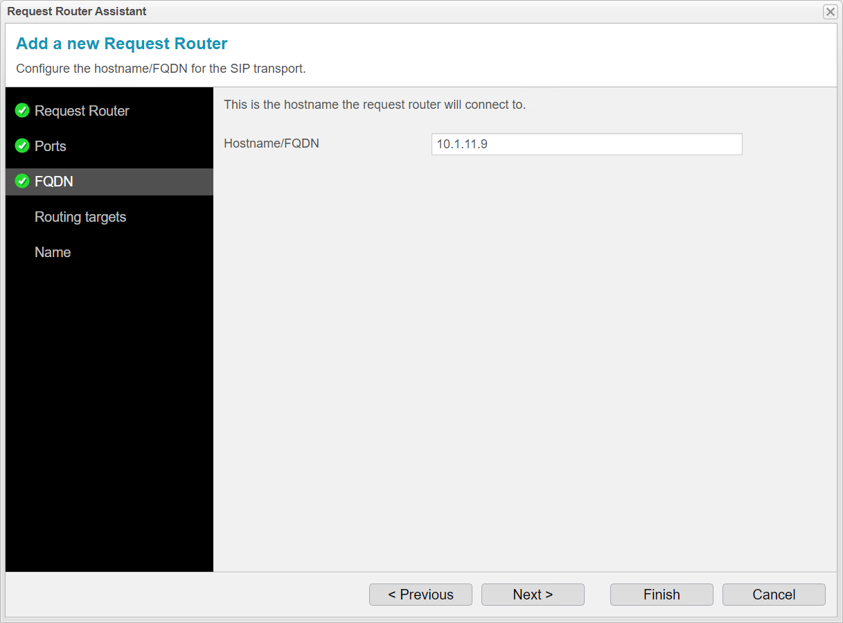 Screenshot:  anynode – The Software SBC frontend with request router assistant and FQDN settings.