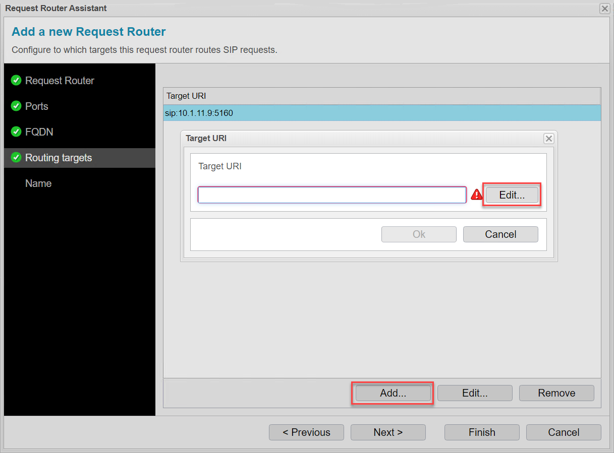 Screenshot:  anynode – The Software SBC frontend with request router assistant and routing targets settings with add and edit function.