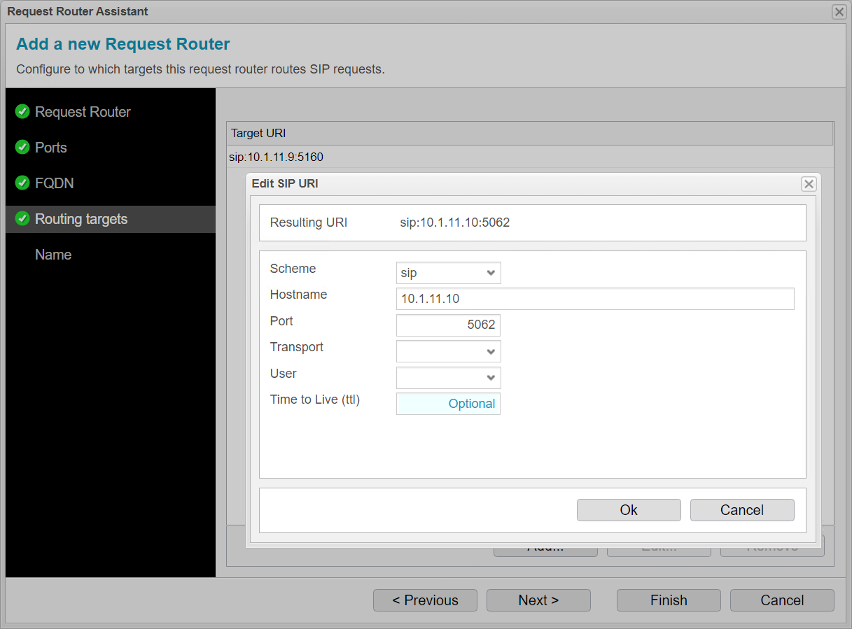 Screenshot:  anynode – The Software SBC frontend with request router assistant and routing targets settings.