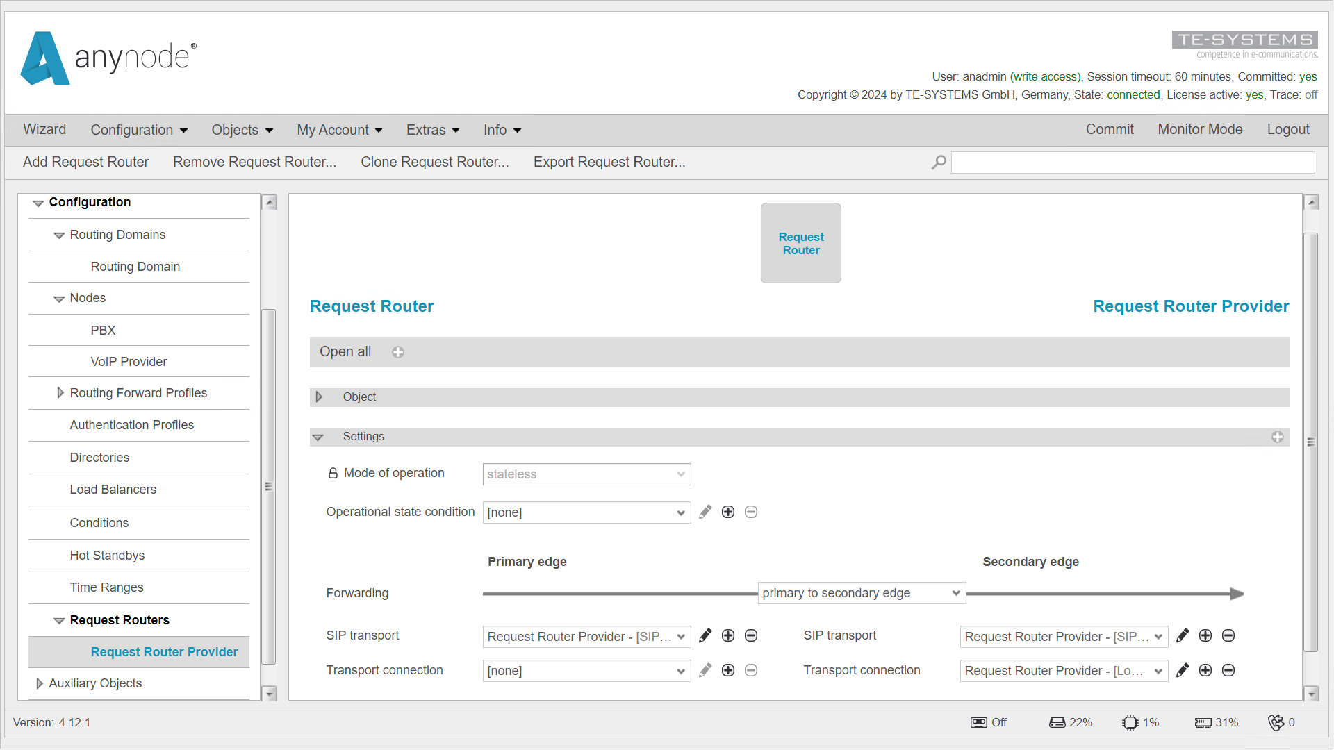 Screenshot: anynode – The Software SBC frontend with request router primary edge and secondary edge settings overview.