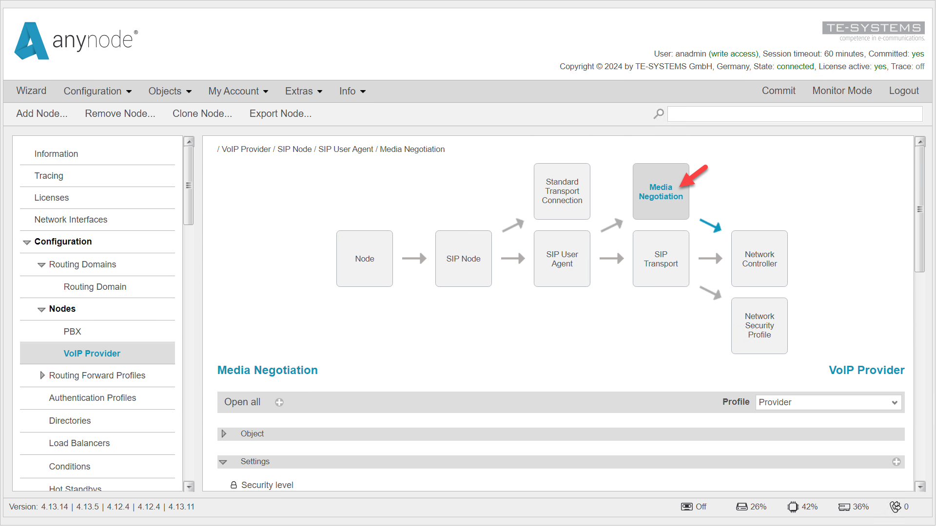 Screenshot:  anynode – The Software SBC frontend with VoIP provider node object structure.