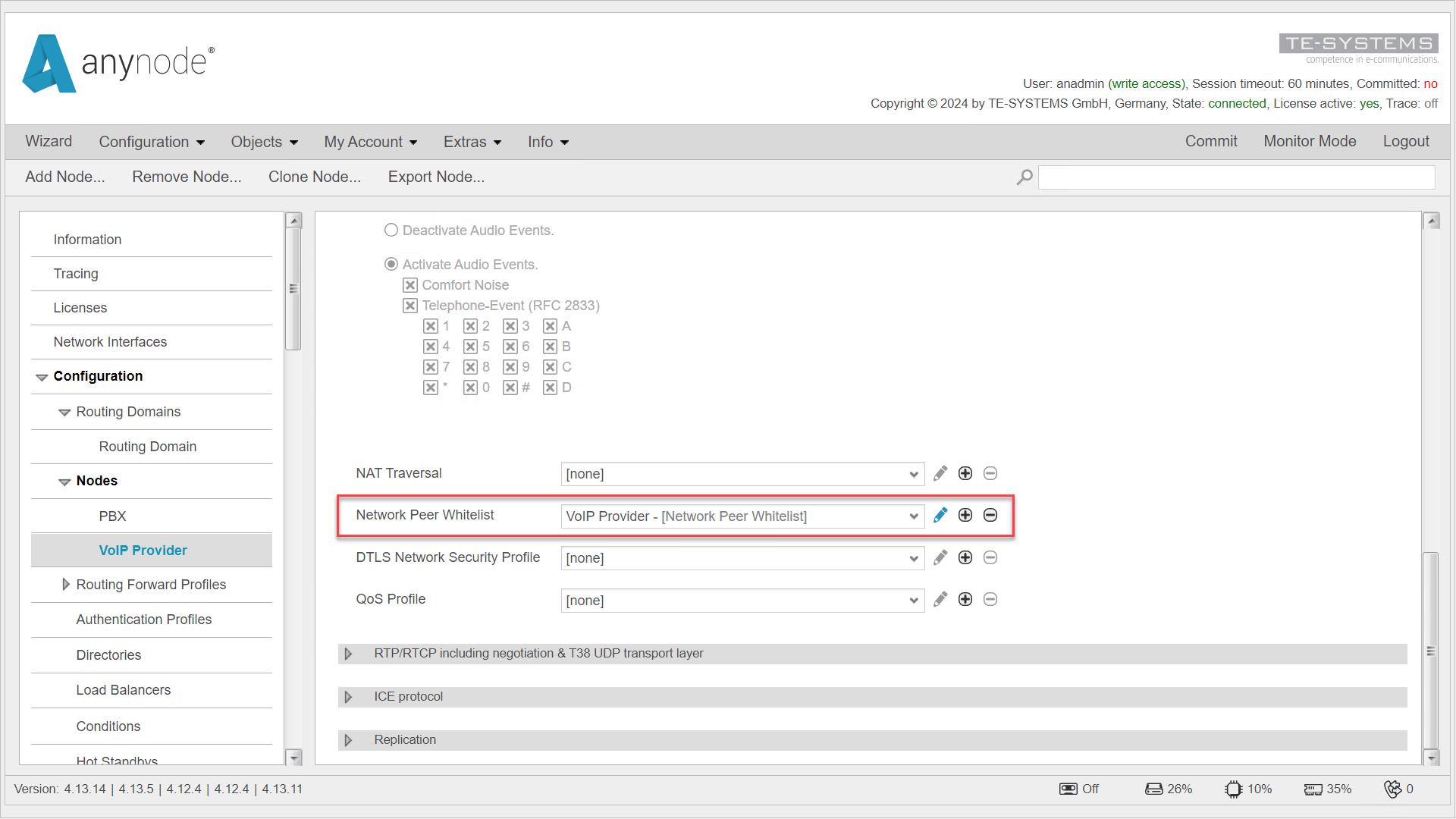 Screenshot:  anynode – The Software SBC with media negotiation object settings for the VoIP provider node. 