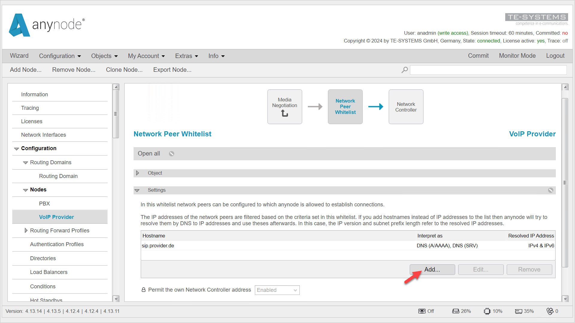 Screenshot:  anynode – The Software SBC with network peer whitelist settings for the VoIP provider node.