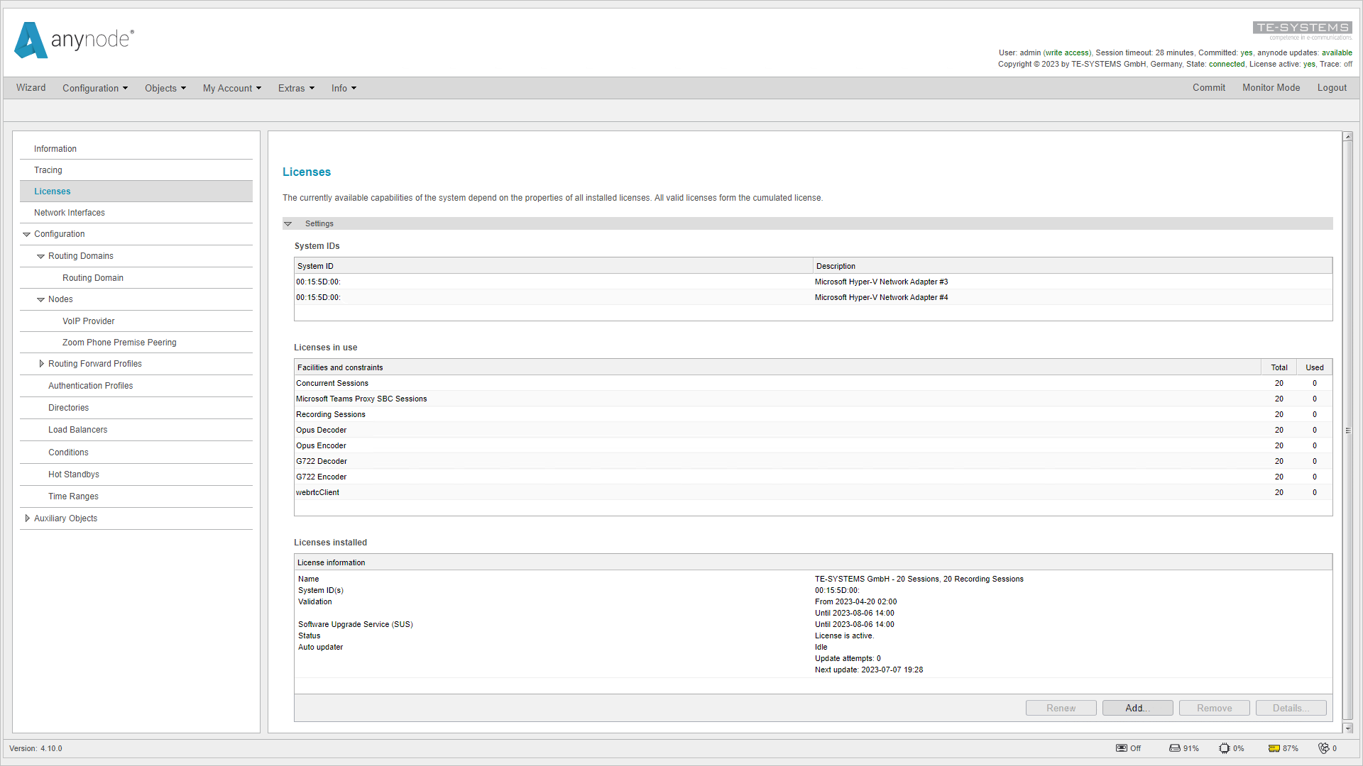 Screenshot: anynode license overview with installed license. 