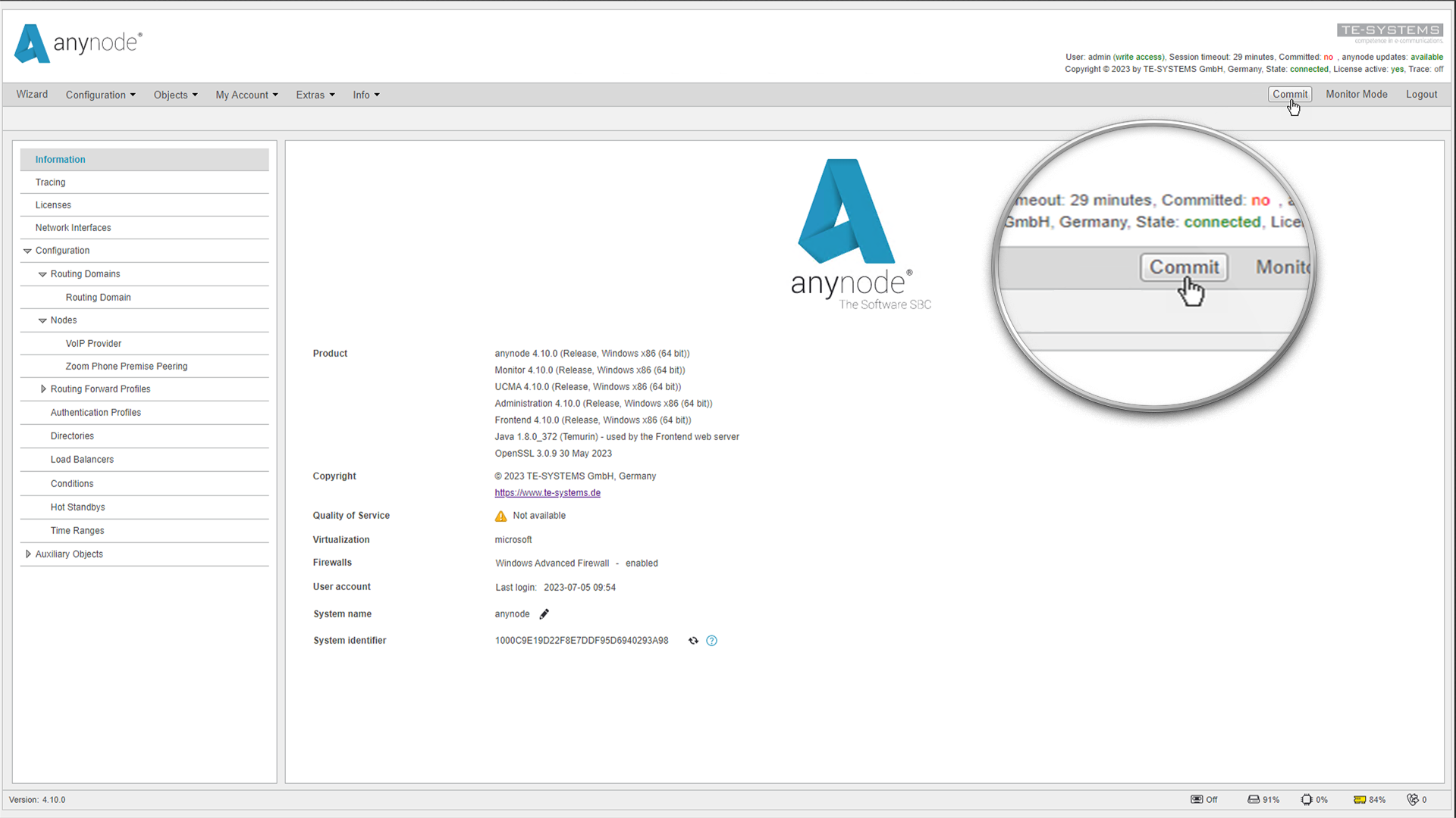 Screenshot: anynode main menu with commit function and configured nodes for Zoom Phone Premise Peering and a voice over IP provider.