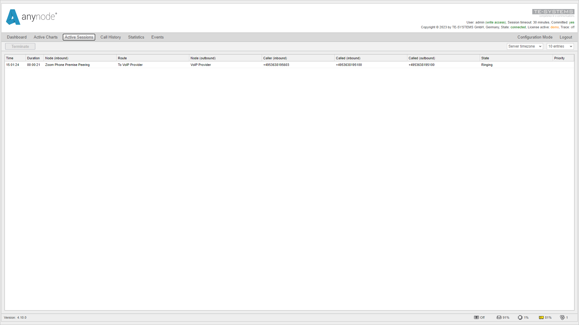 Screenshot: anynode monitor mode with display of an active call from the Zoom client to the voice over IP provider.