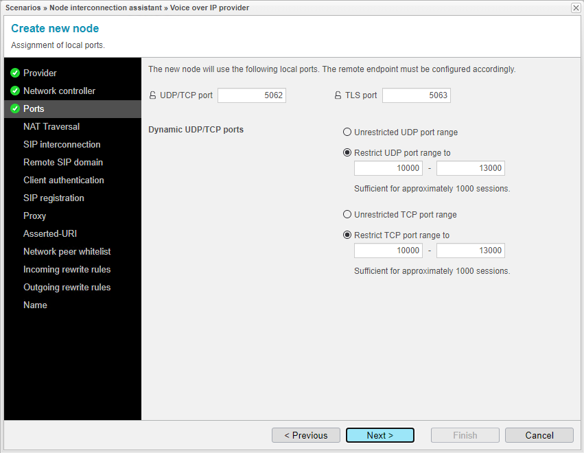 Screenshot: anynode node interconnection assistant with assignment of local ports for the voice over IP provider node.