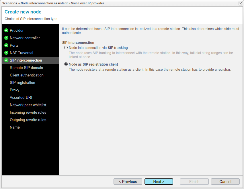 Screenshot: anynode node interconnection assistant with choice of SIP interconnection type.