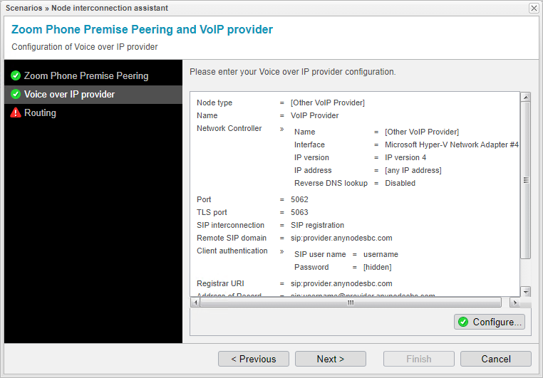 Screenshot: anynode node interconnection assistant with configuration overview for the voice over IP provider node