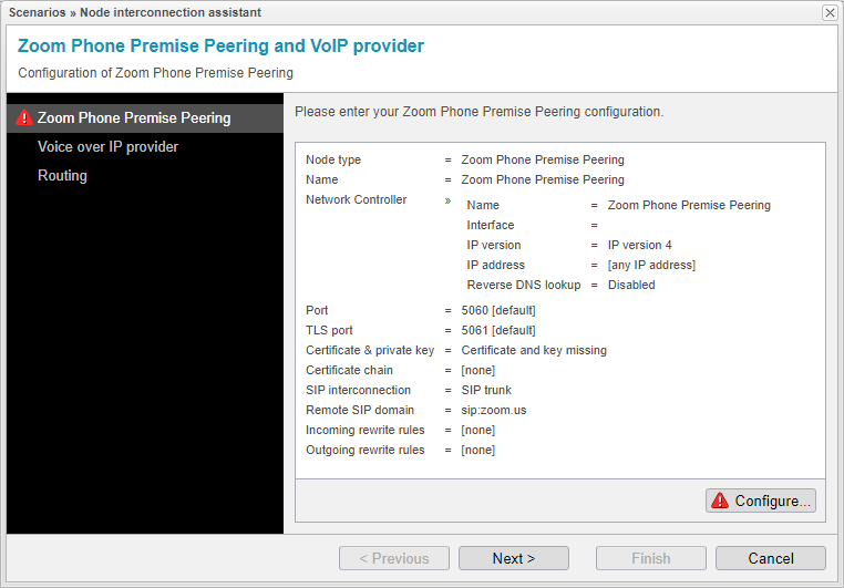 Screenshot: anynode node interconnection assistant with configuration of a Zoom Phone Premise Peering node.