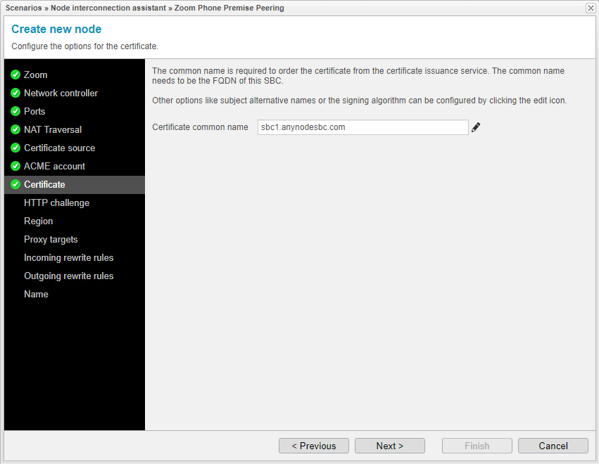 Screenshot: anynode node interconnection assistant with configuration of the options for the certificate.