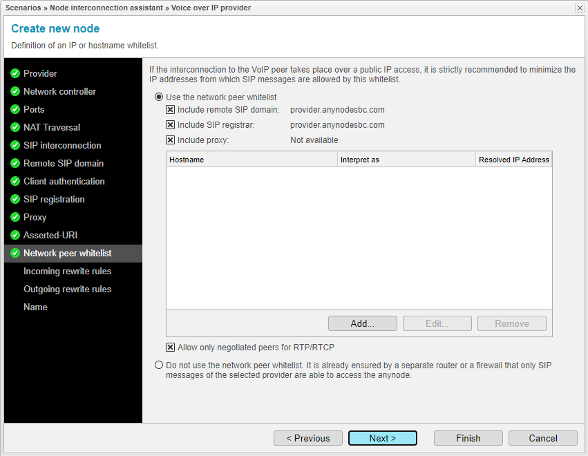 Screenshot: anynode node interconnection assistant with definition of an IP or hostname whitelist