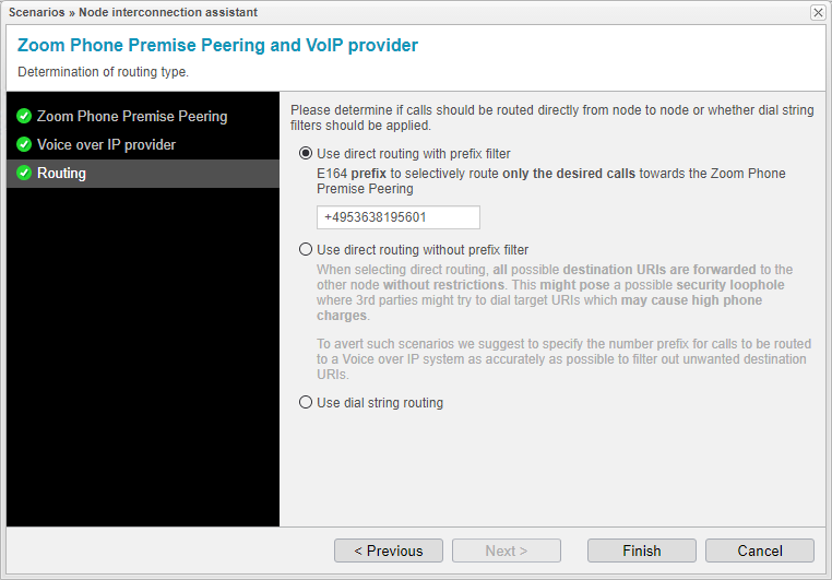 Screenshot: anynode node interconnection assistant with determination of routing type