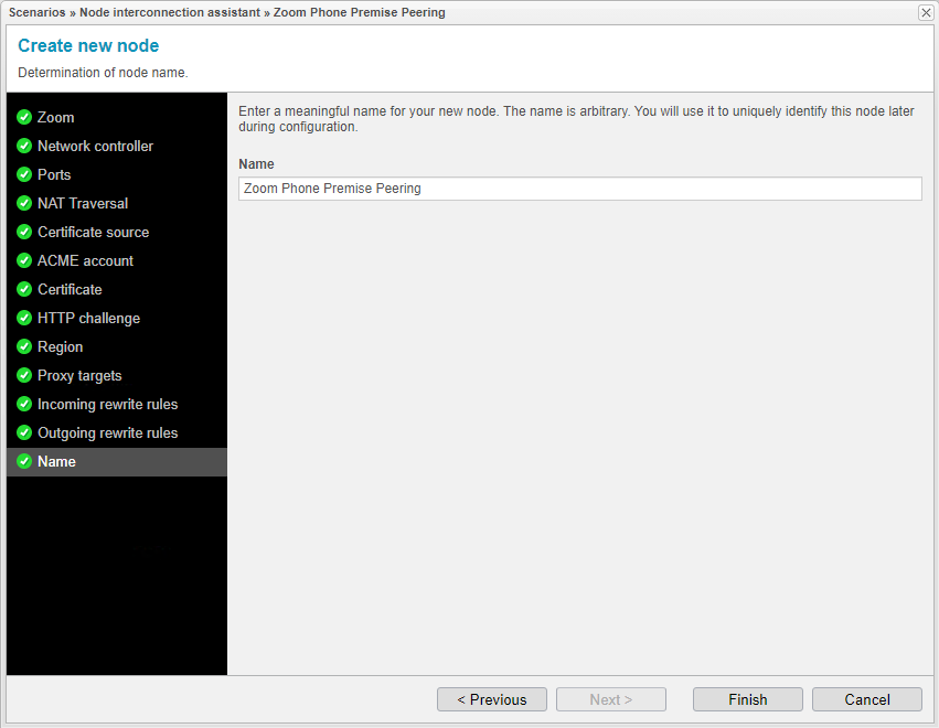 Screenshot: anynode node interconnection assistant with determination of the node name for Zoom Phone Premise Peering.