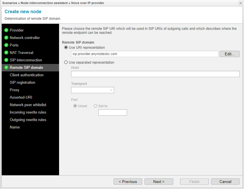 Screenshot: anynode node interconnection assistant with determination of the remote SIP domain.