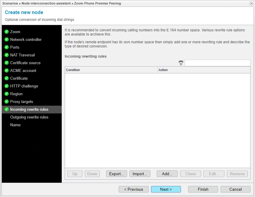 Screenshot: anynode node interconnection assistant with optional conversion of incoming dial strings for Zoom Phone Premise Peering.