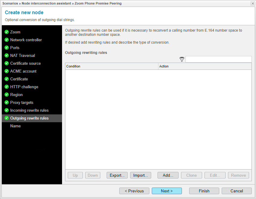 Screenshot: anynode node interconnection assistant with optional conversion of outgoing dial strings for Zoom Phone Premise Peering.