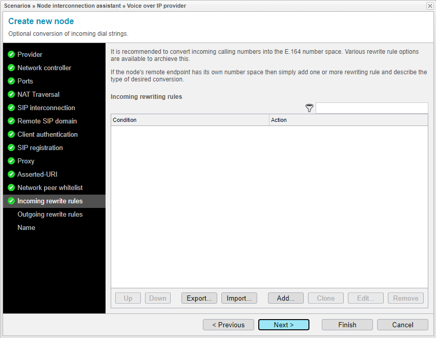 Screenshot: anynode node interconnection assistant with optional incoming dial string rewriting rules.