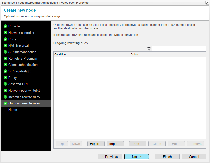 Screenshot: anynode node interconnection assistant with optional outgoing dial string rewriting rules.