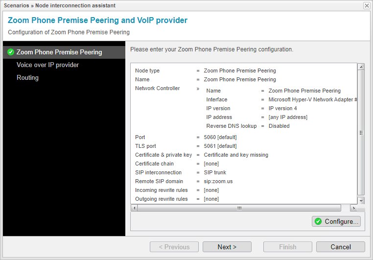 Screenshot: anynode node interconnection assistant with overview of the configuration for the node name for Zoom Phone Premise Peering.