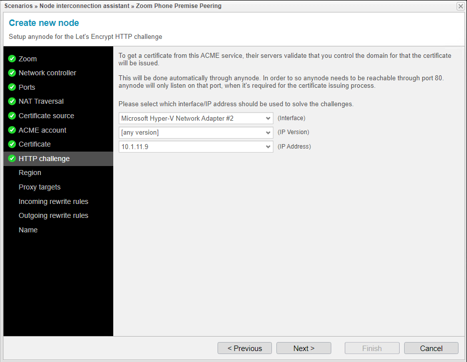 Screenshot: anynode node interconnection assistant with setup for the Let's Encrypt HTTP challenge.