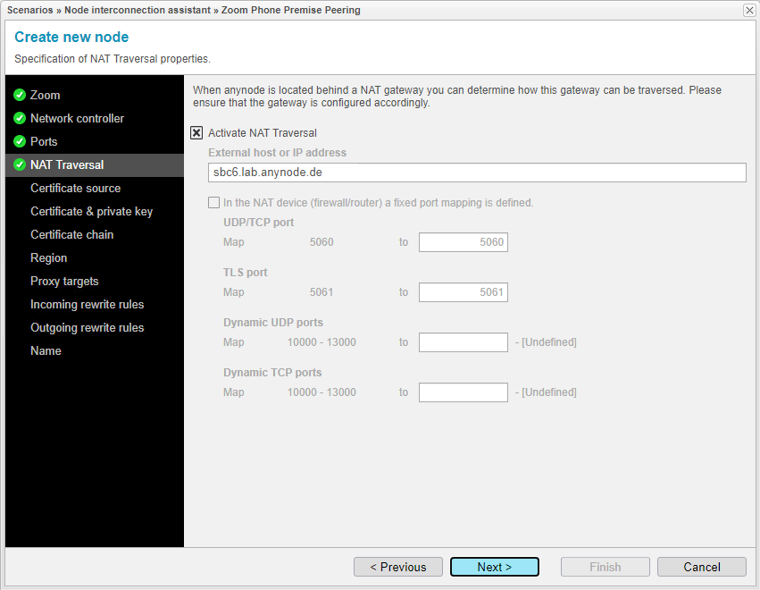 Screenshot: anynode node interconnection assistant with specification of NAT Traversal properties.