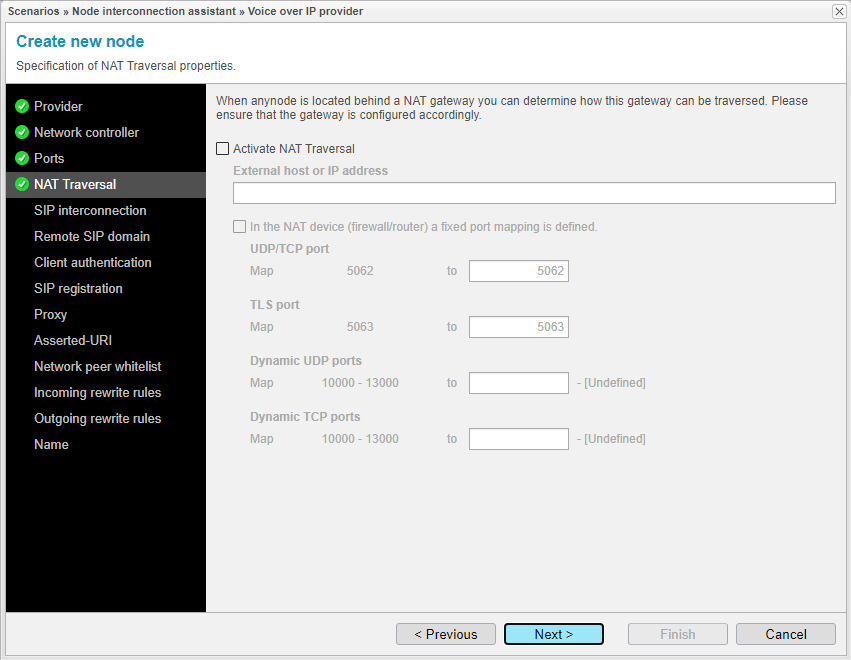 Screenshot: anynode node interconnection assistant with specification of NAT Traversal properties.