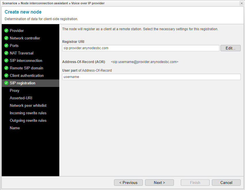 Screenshot: anynode node interconnection assistant with the determination of data for client-side registration