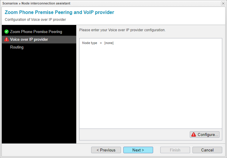 Screenshot: anynode node interconnection assistant with voice over IP provider node configuration.