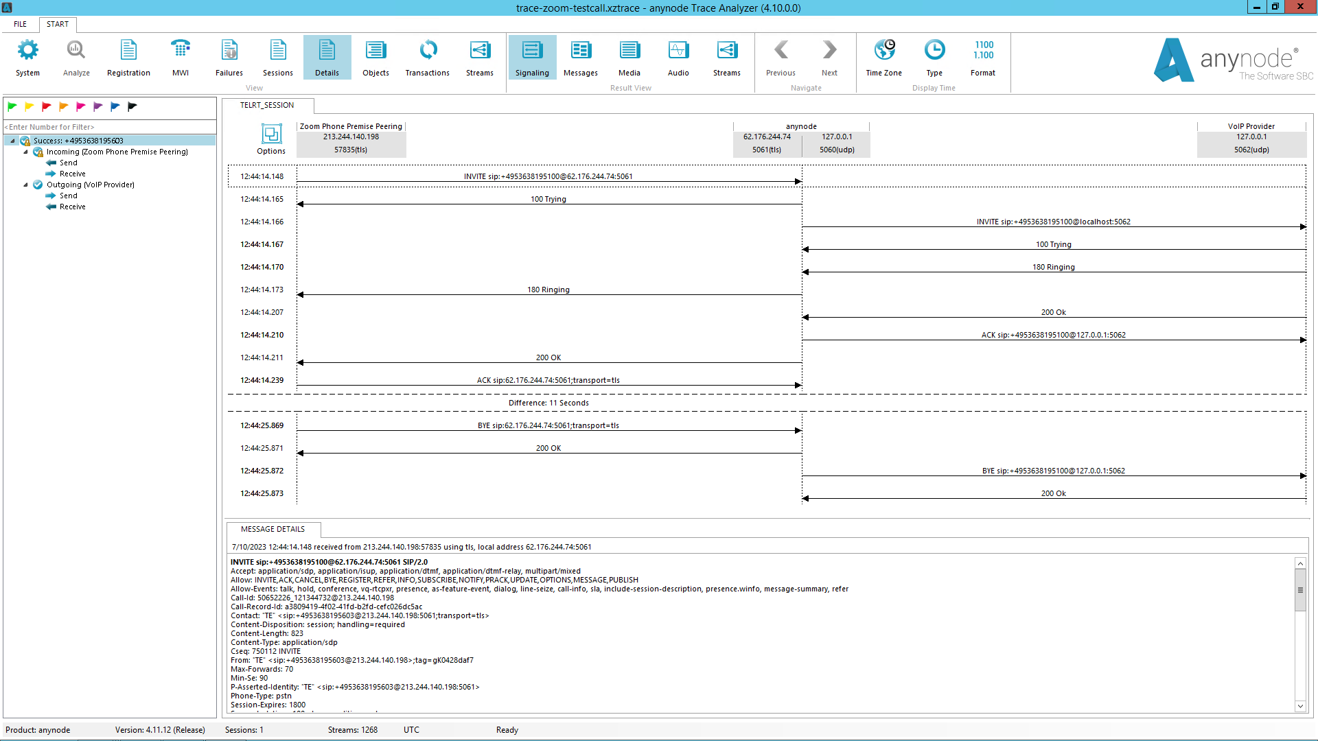 Screenshot: anynode Trace Analyzer with SIP signaling view and specific details about the SIP messages.