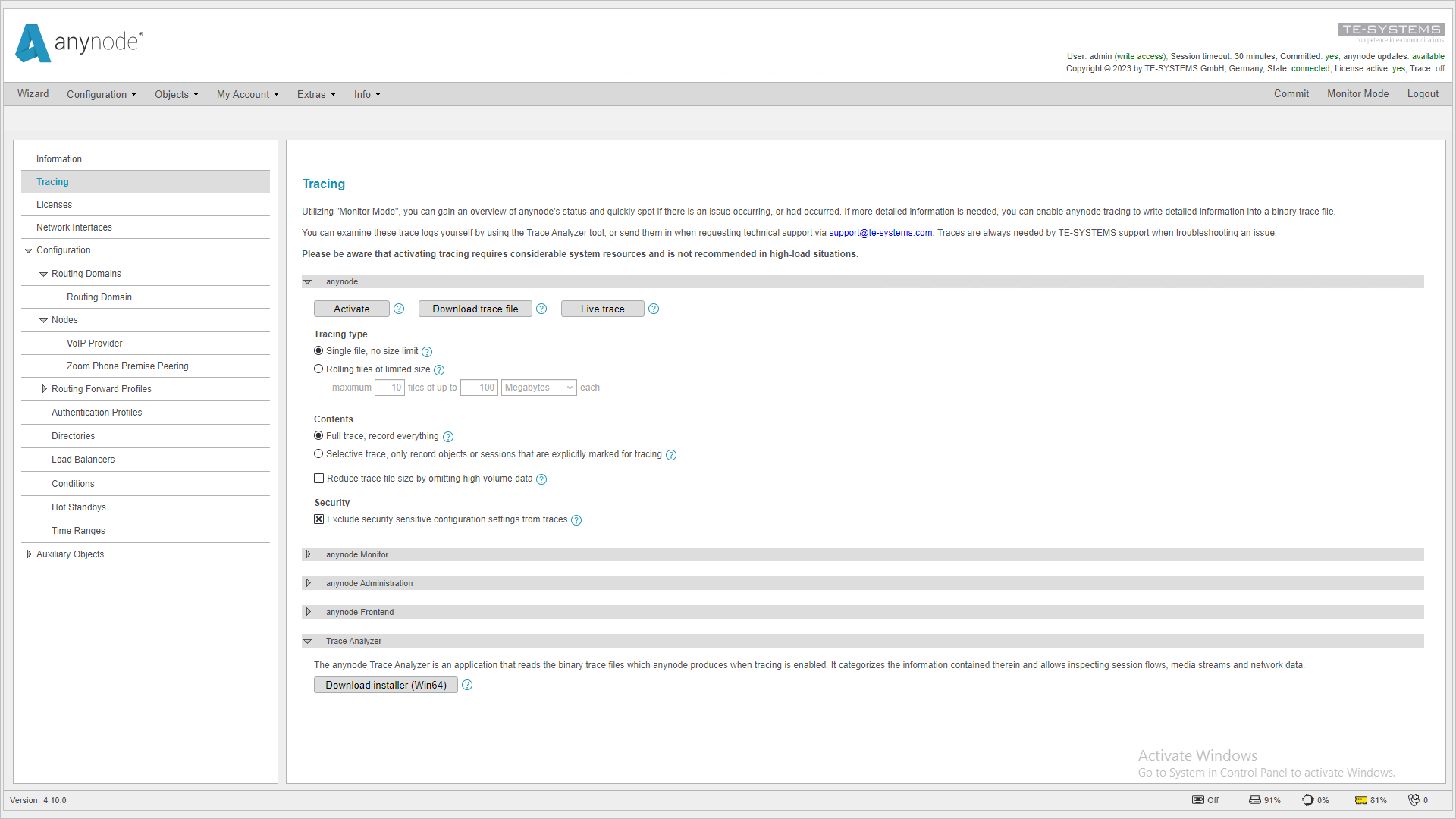 Screenshot: anynode tracing configuration menu