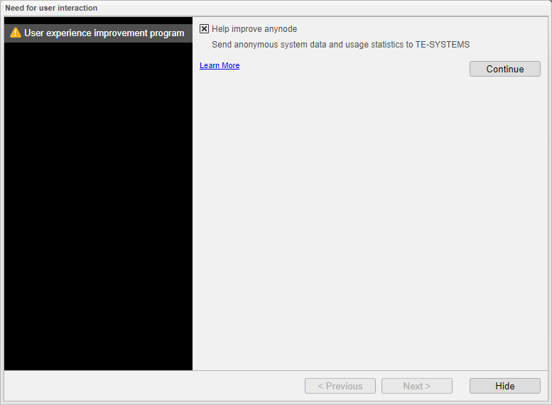 Screenshot: anynode user experience improvement program.