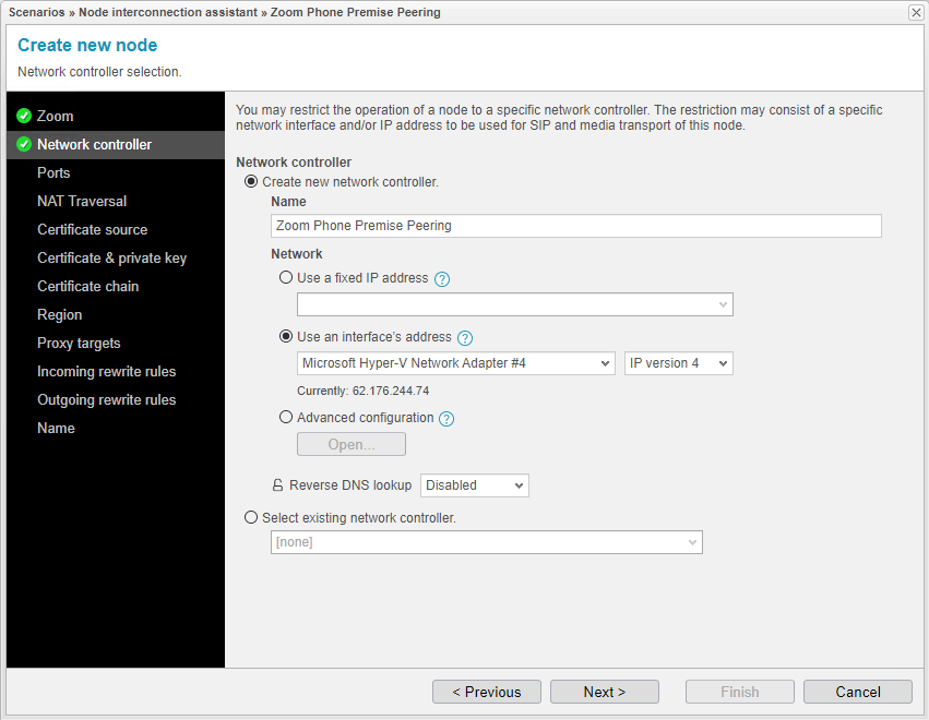 Screenshot: Network controller assistant dialog with the option to create a new controller with IP Version 4.